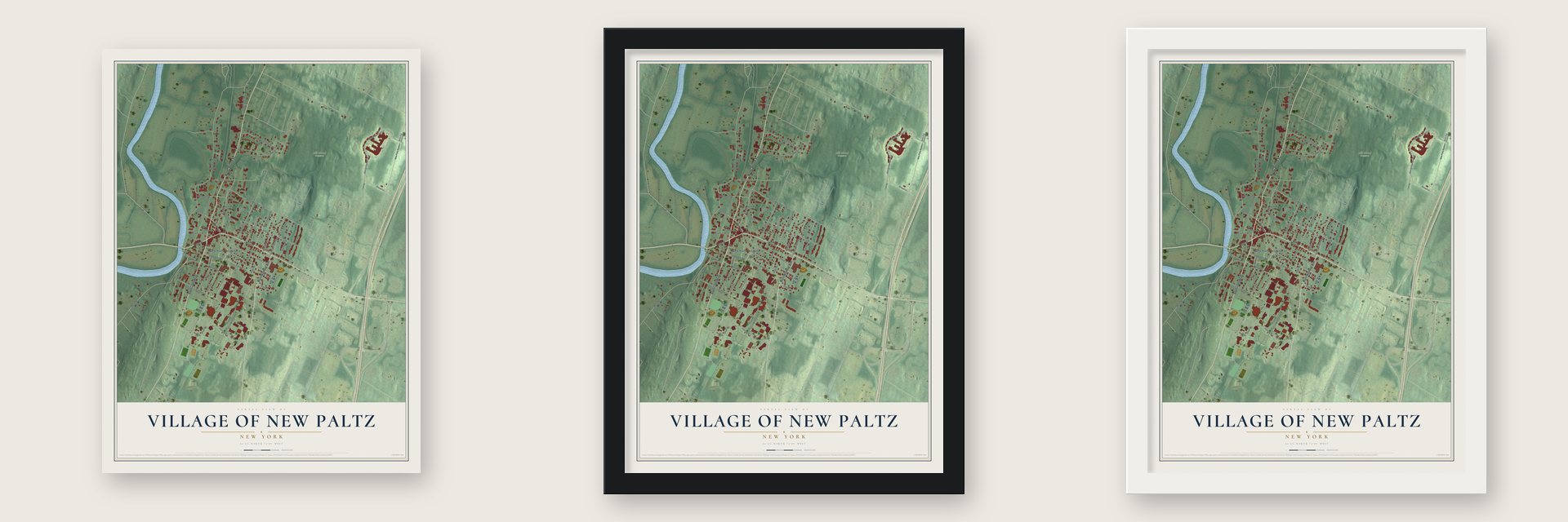 Village of New Paltz, New York map unframed, in a black wood frame and in a white wood frame