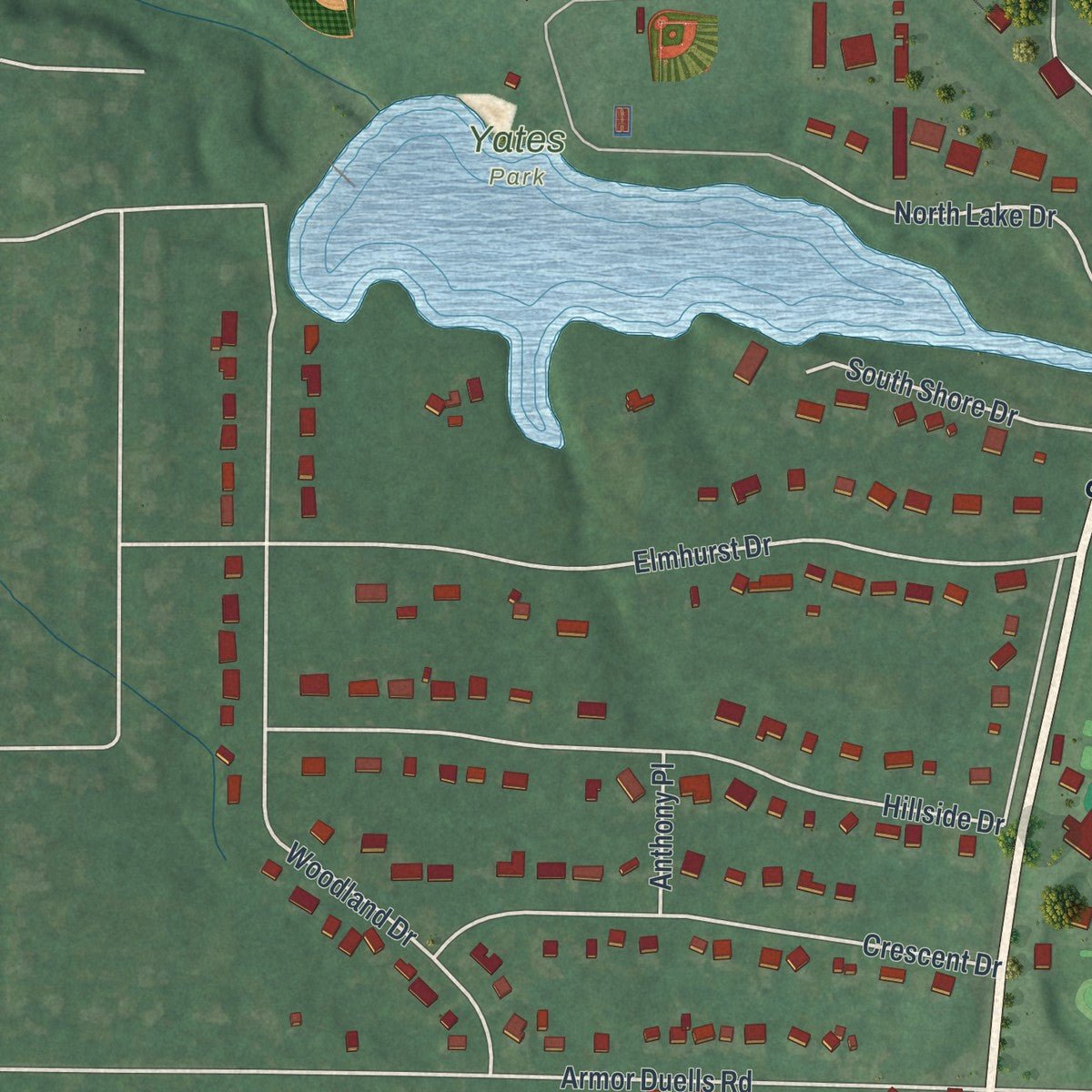 Second close-up of the map of the Village of Orchard Park, New York print showing more streets and buildings