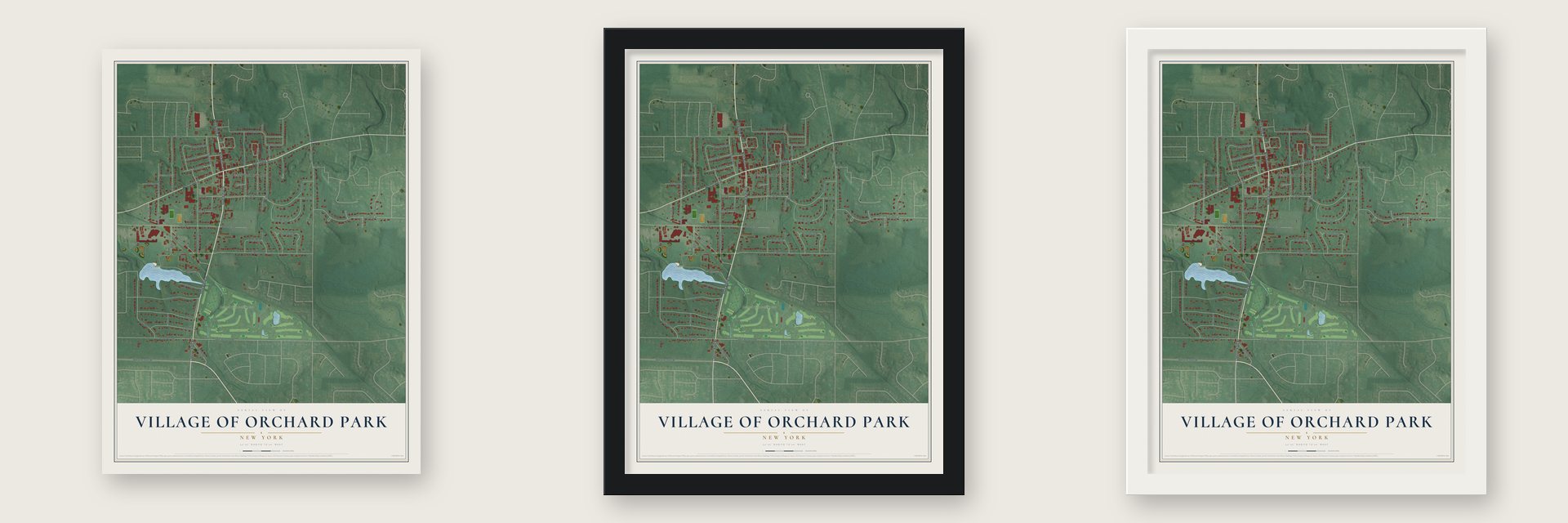 Village of Orchard Park, New York map unframed, in a black wood frame and in a white wood frame