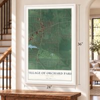 Village of Orchard Park, New York map, 24 x 36 inch print in a white frame by a staircase