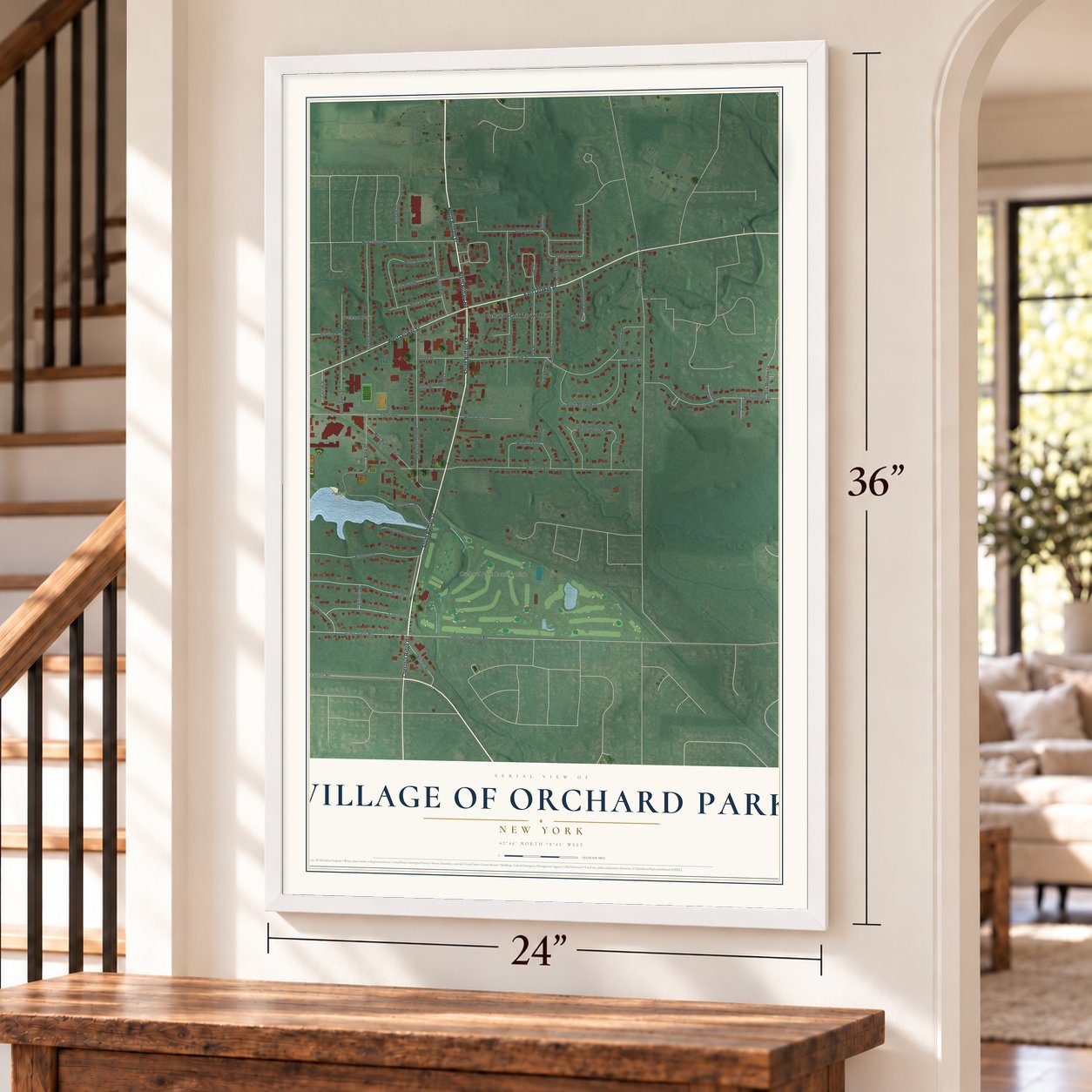 Village of Orchard Park, New York map, 24 x 36 inch print in a white frame by a staircase