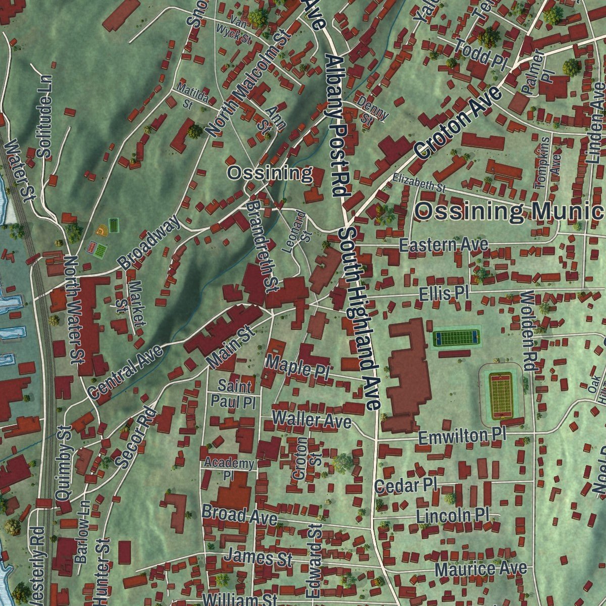 Second close-up of the map of the Village of Ossining, New York print showing more streets and buildings