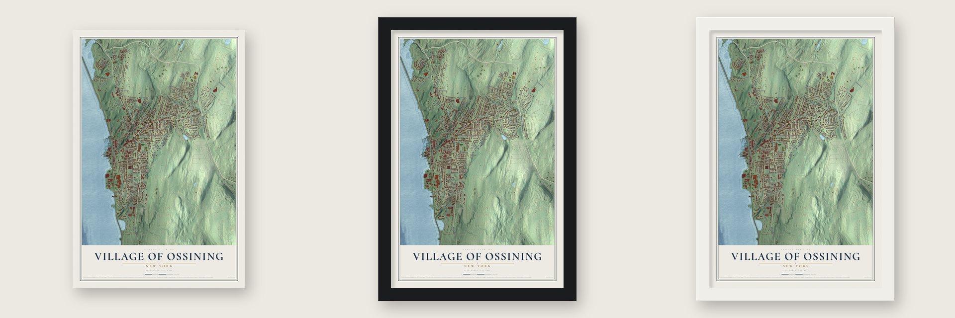 Village of Ossining, New York map unframed, in a black wood frame and in a white wood frame