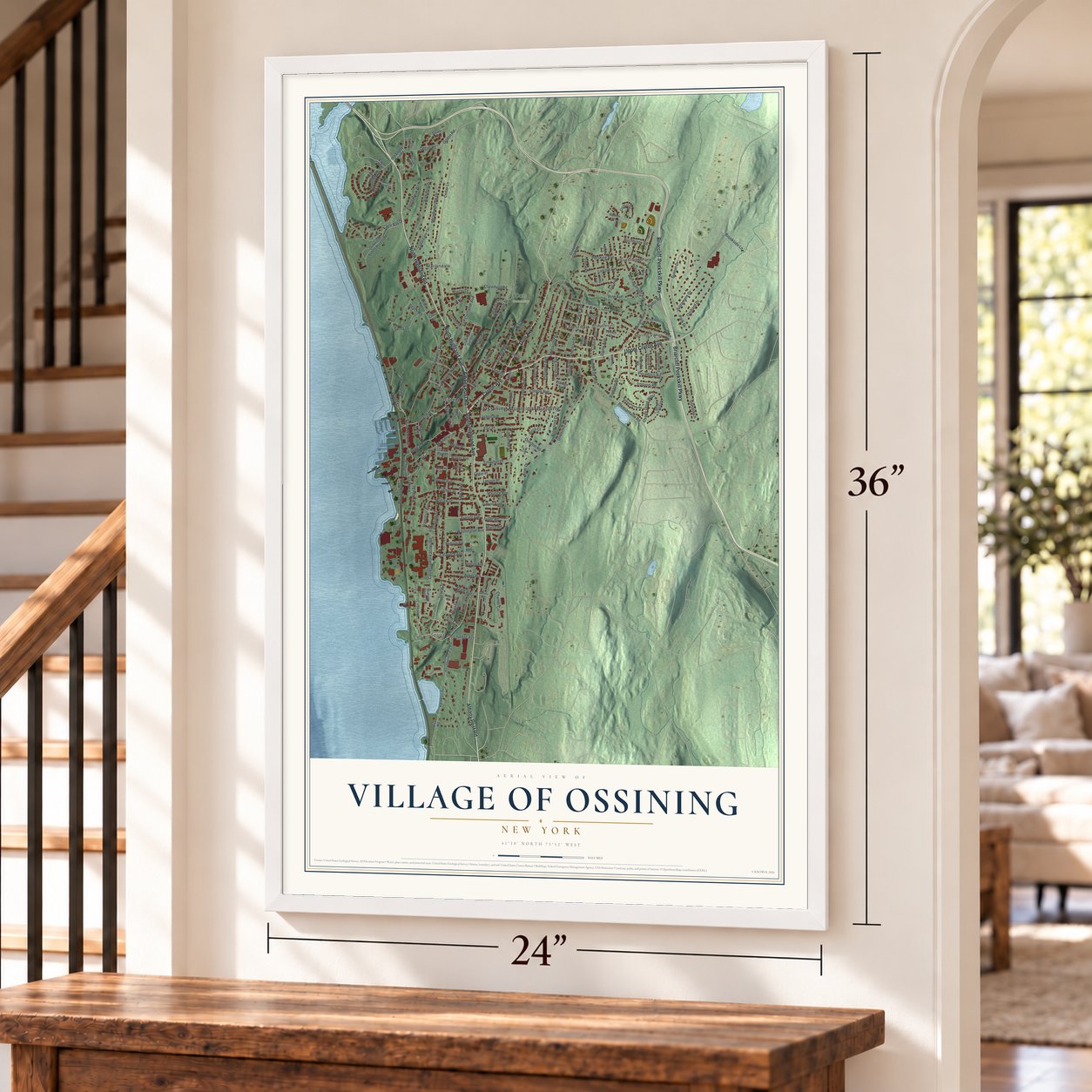 Village of Ossining, New York map, 24 x 36 inch print in a white frame by a staircase