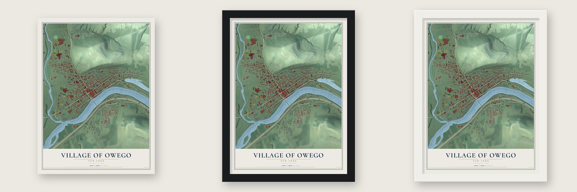 Village of Owego, New York map unframed, in a black wood frame and in a white wood frame