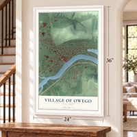 Village of Owego, New York map, 24 x 36 inch print in a white frame by a staircase