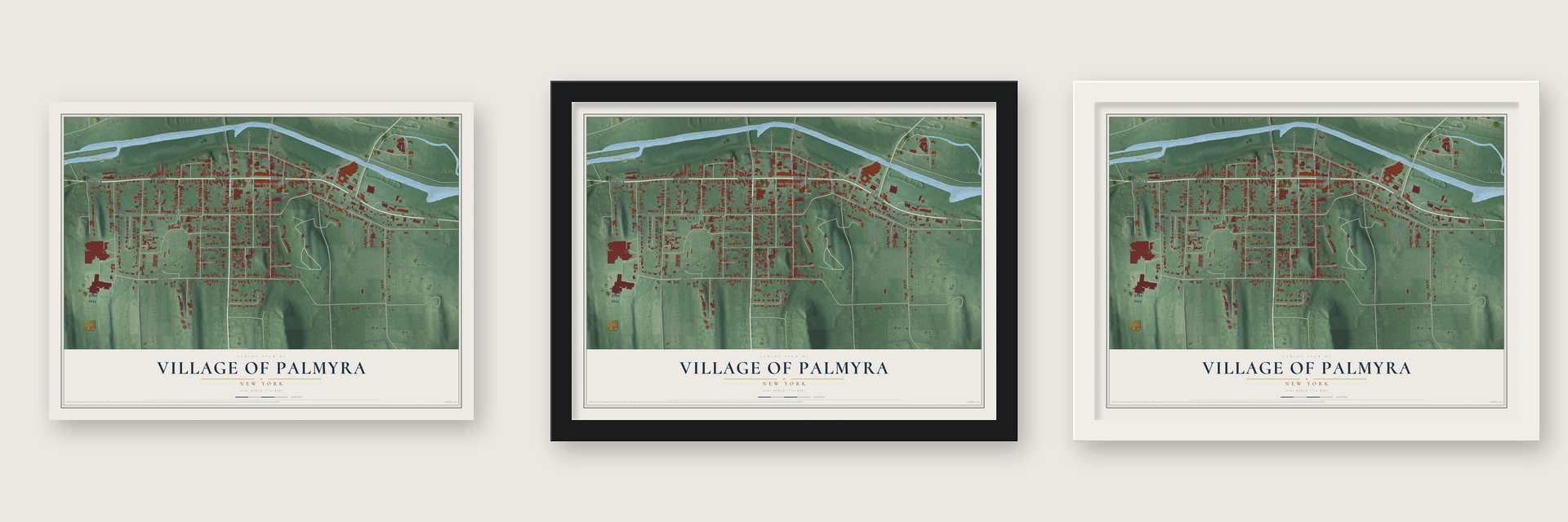 Village of Palmyra, New York map unframed, in a black wood frame and in a white wood frame