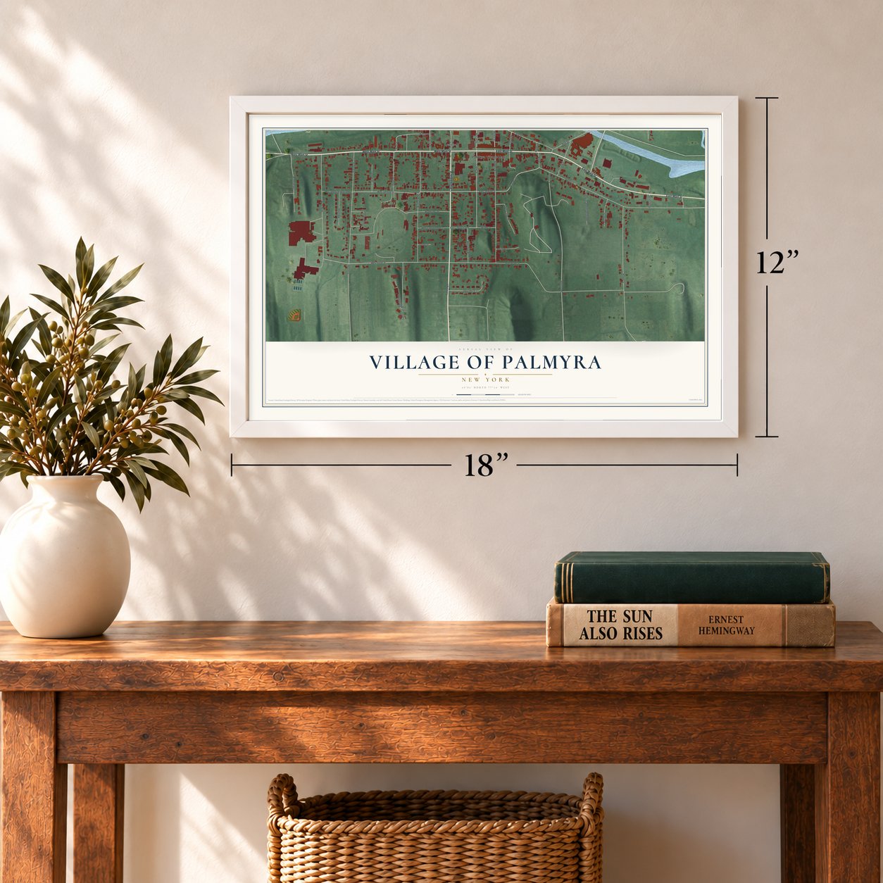 Village of Palmyra, New York map, 12 x 18 inch print in a white frame in an entryway
