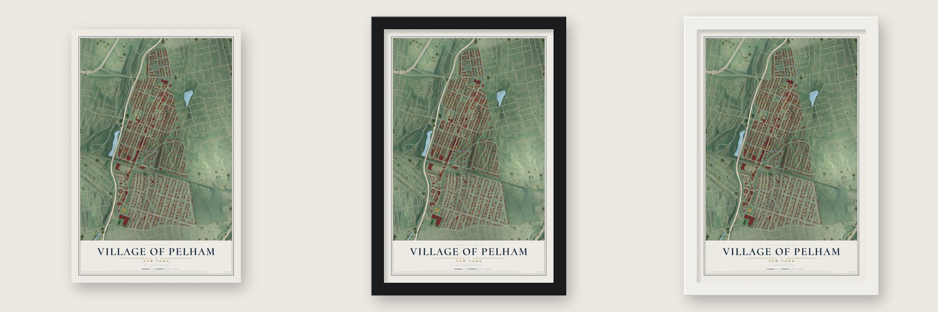 Village of Pelham, New York map unframed, in a black wood frame and in a white wood frame