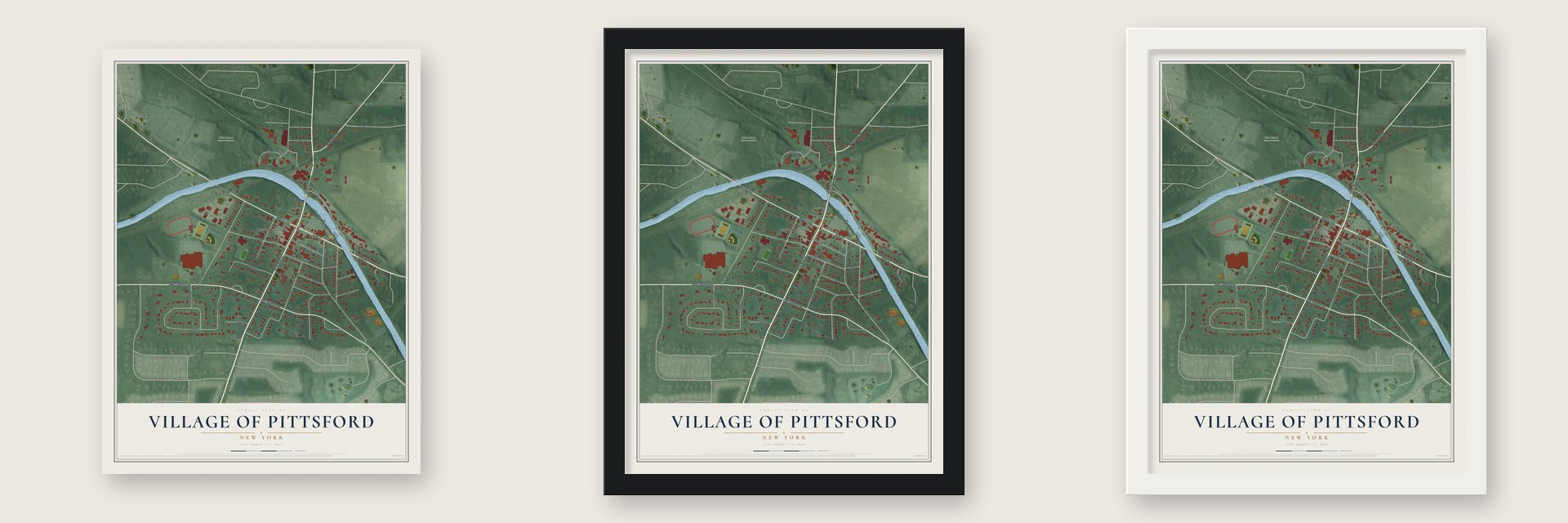 Village of Pittsford, New York map unframed, in a black wood frame and in a white wood frame