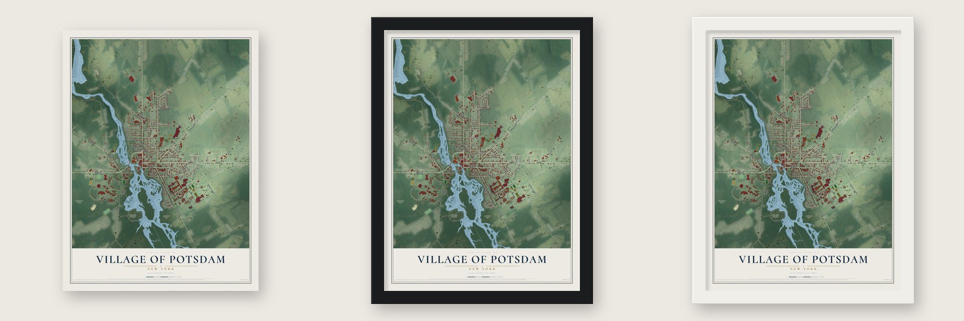 Village of Potsdam, New York map unframed, in a black wood frame and in a white wood frame