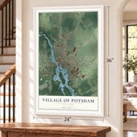 Village of Potsdam, New York map, 24 x 36 inch print in a white frame by a staircase