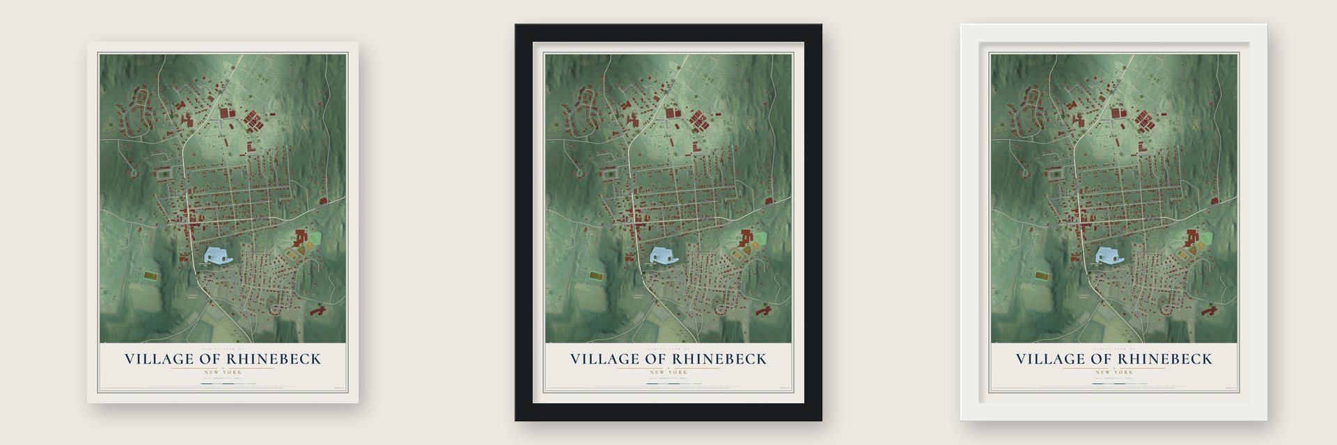 Village of Rhinebeck, New York map unframed, in a black wood frame and in a white wood frame