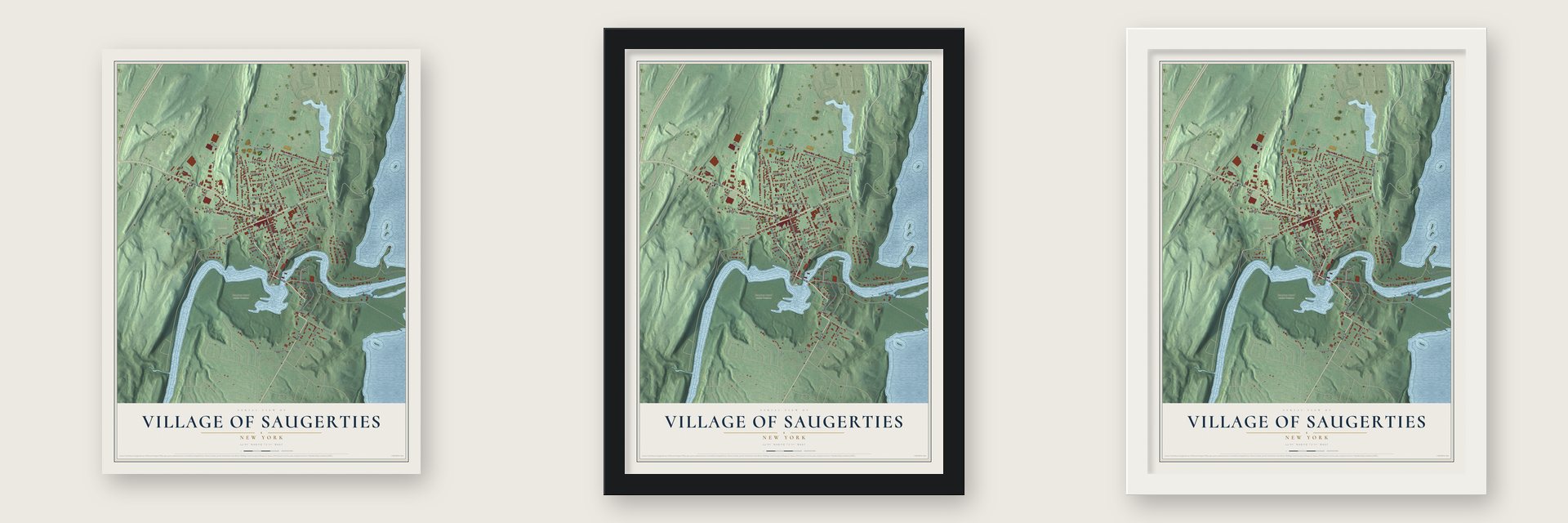 Village of Saugerties, New York map unframed, in a black wood frame and in a white wood frame