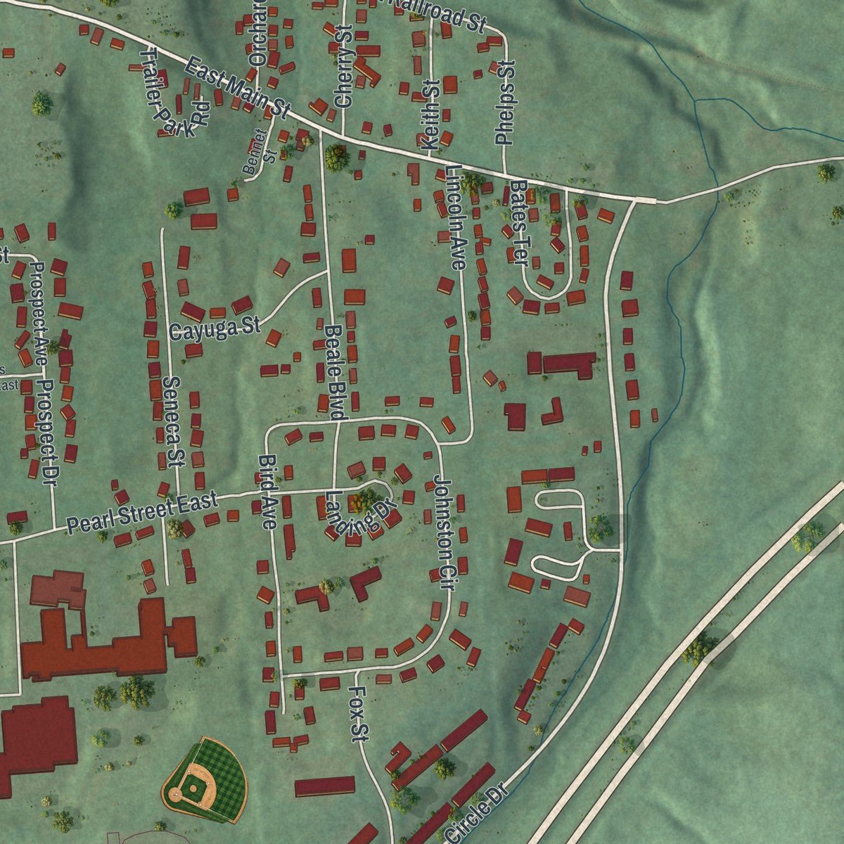 Second close-up of the map of the Village of Sidney, New York print showing more streets and buildings