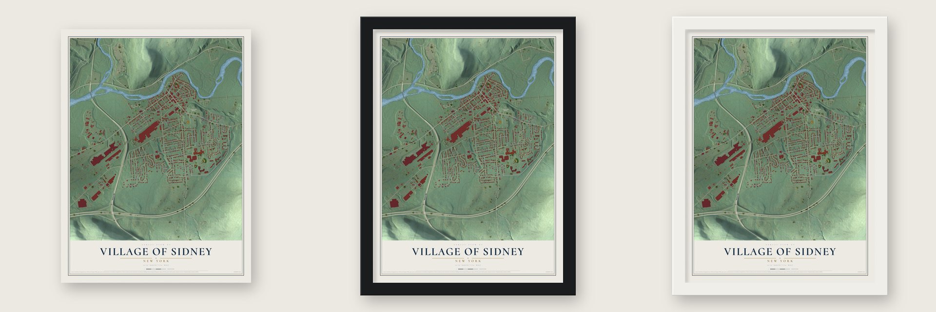 Village of Sidney, New York map unframed, in a black wood frame and in a white wood frame
