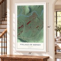 Village of Sidney, New York map, 24 x 36 inch print in a white frame by a staircase