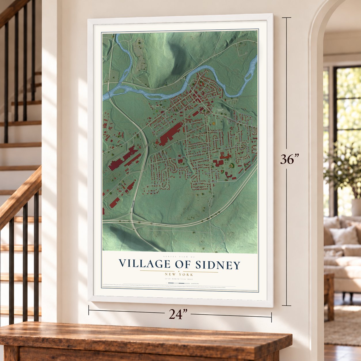 Village of Sidney, New York map, 24 x 36 inch print in a white frame by a staircase