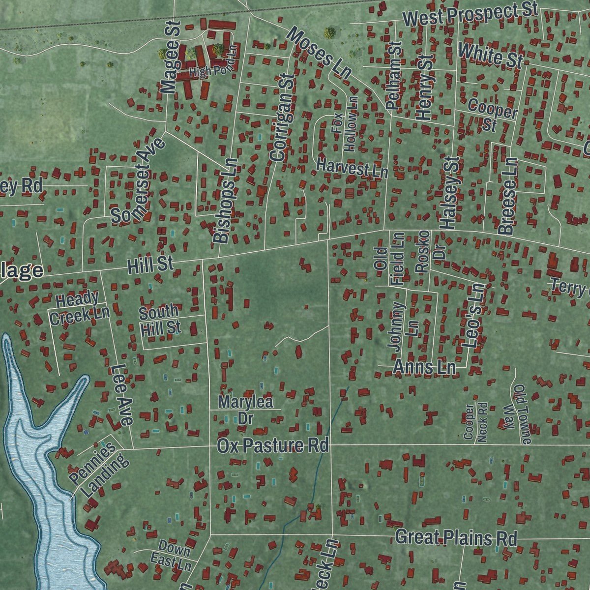Second close-up of the map of the Village of Southampton, New York print showing more streets and buildings