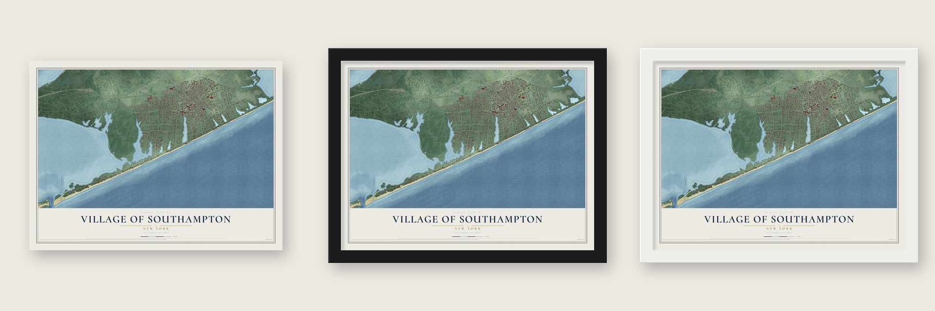 Village of Southampton, New York map unframed, in a black wood frame and in a white wood frame