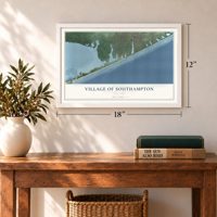 Village of Southampton, New York map, 12 x 18 inch print in a white frame in an entryway