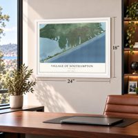 Village of Southampton, New York map, 18 x 24 inch print in a white frame in a home office