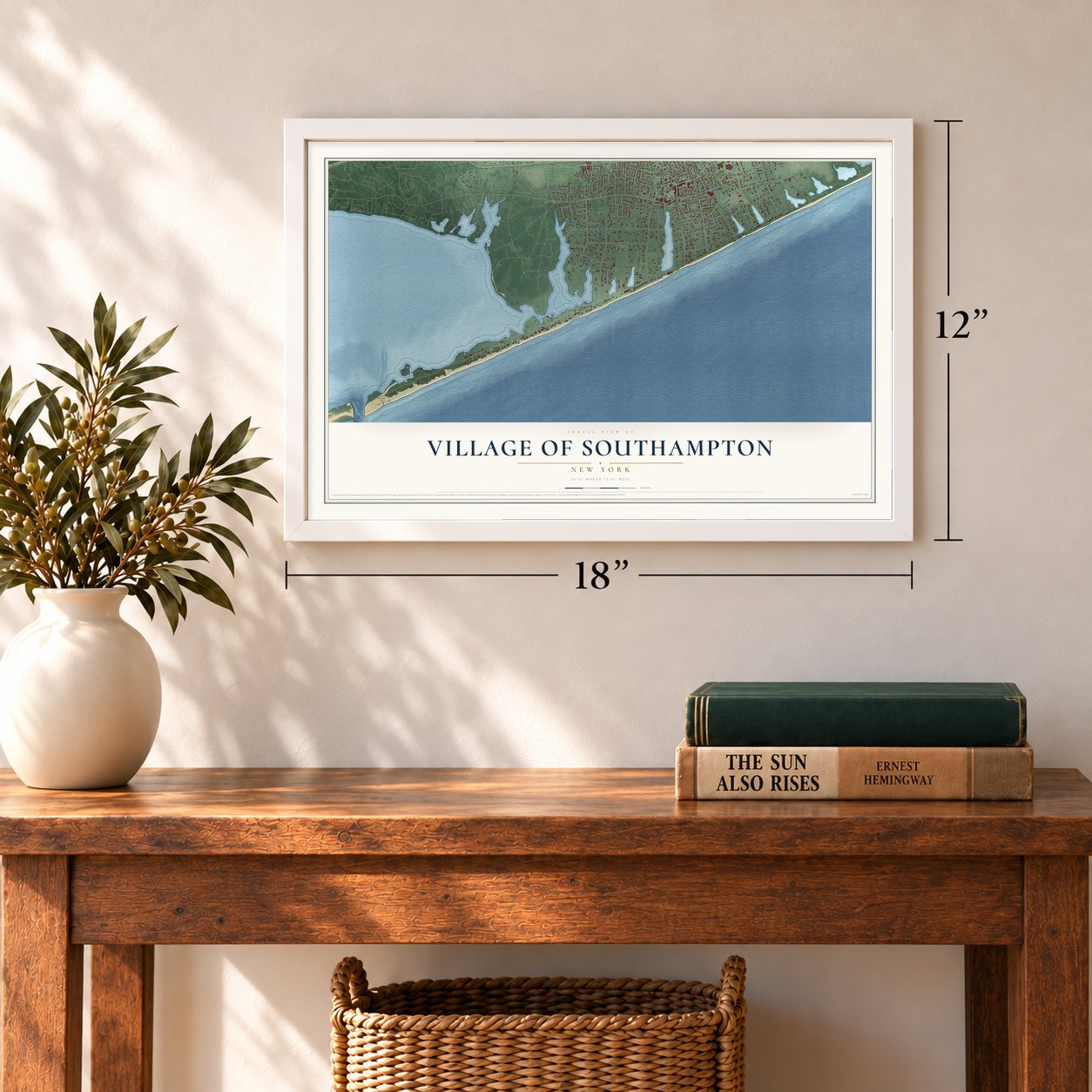 Village of Southampton, New York map, 12 x 18 inch print in a white frame in an entryway