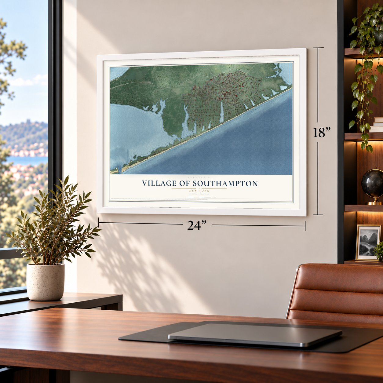 Village of Southampton, New York map, 18 x 24 inch print in a white frame in a home office