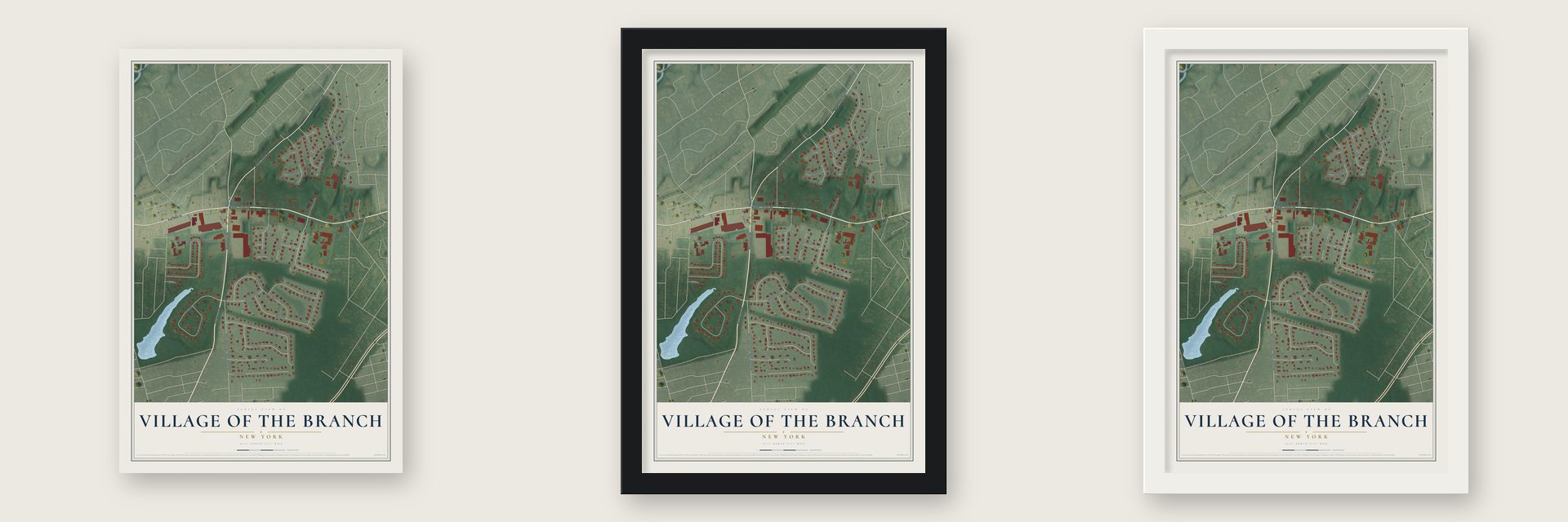 Village of the Branch, New York map unframed, in a black wood frame and in a white wood frame