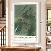 Village of the Branch, New York map, 24 x 36 inch print in a white frame by a staircase