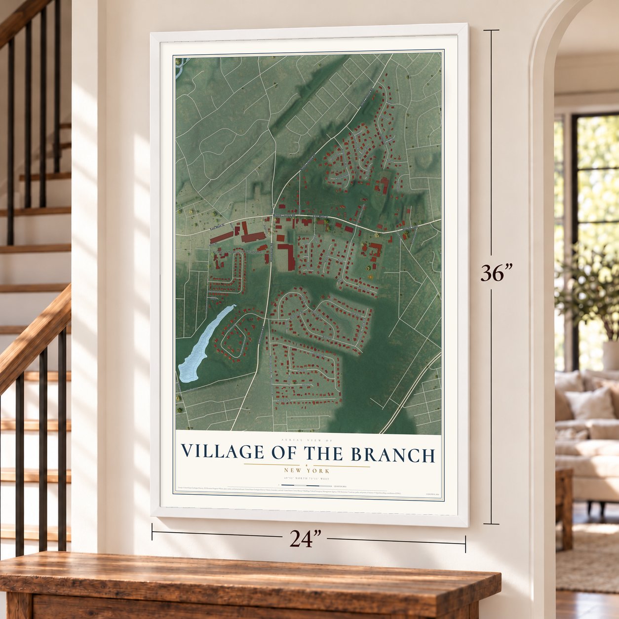Village of the Branch, New York map, 24 x 36 inch print in a white frame by a staircase