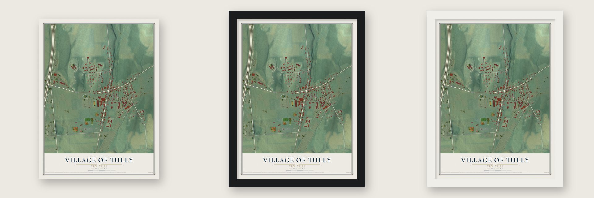Village of Tully, New York map unframed, in a black wood frame and in a white wood frame