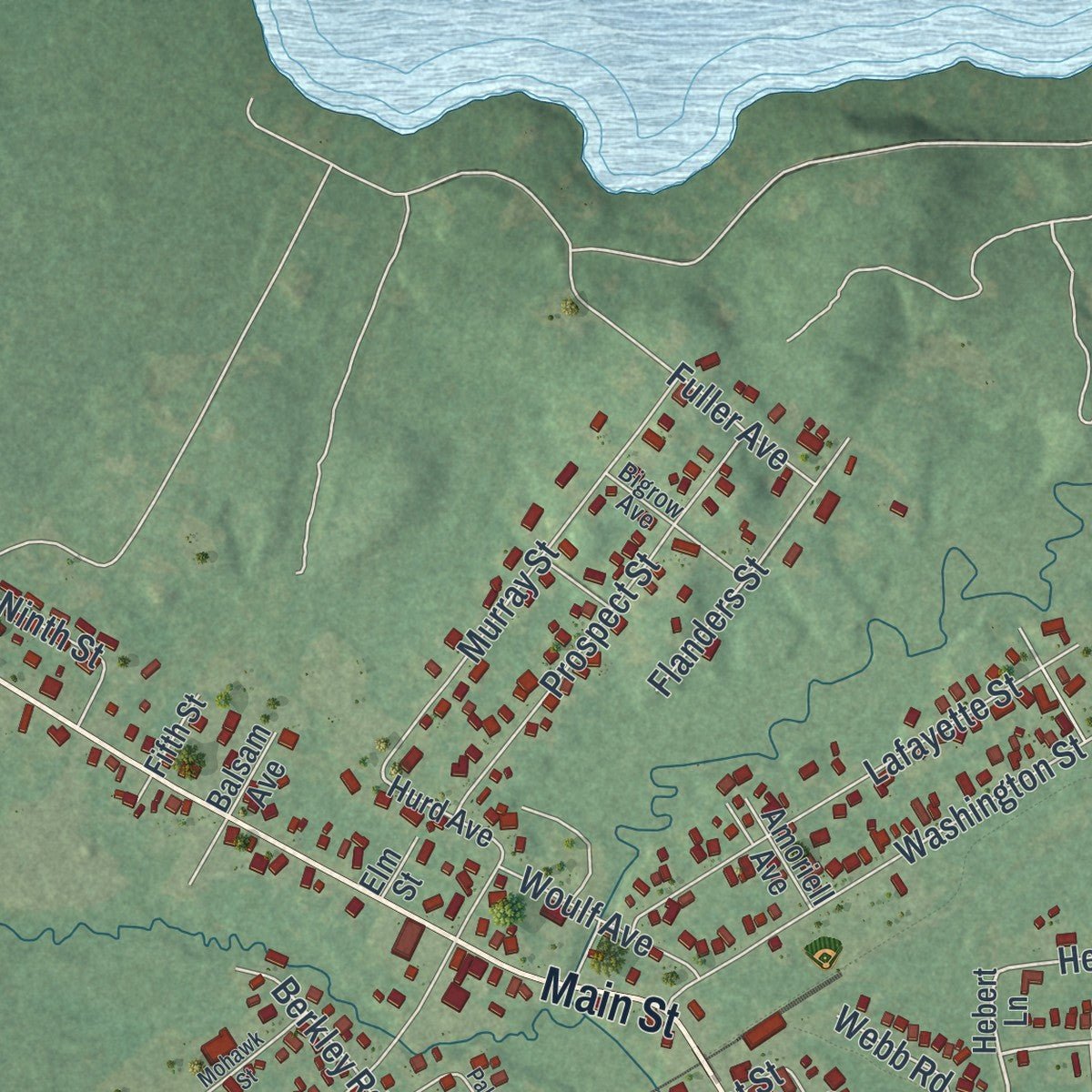 Second close-up of the map of the Village of Tupper Lake, New York print showing more streets and buildings