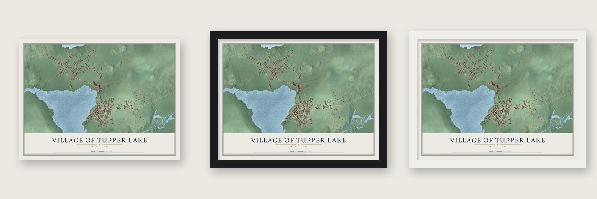 Village of Tupper Lake, New York map unframed, in a black wood frame and in a white wood frame