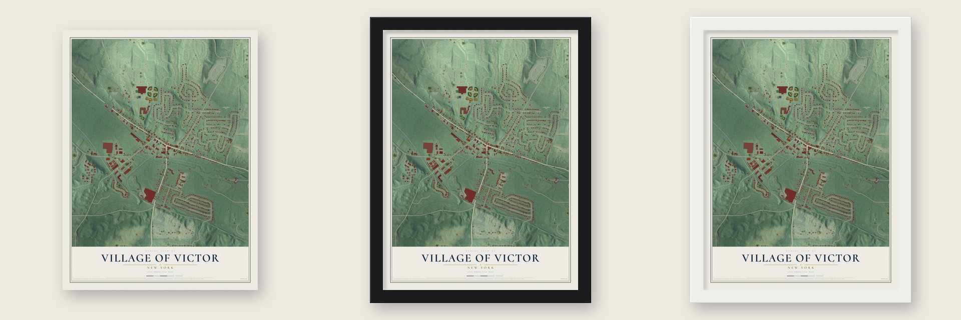 Village of Victor, New York map unframed, in a black wood frame and in a white wood frame