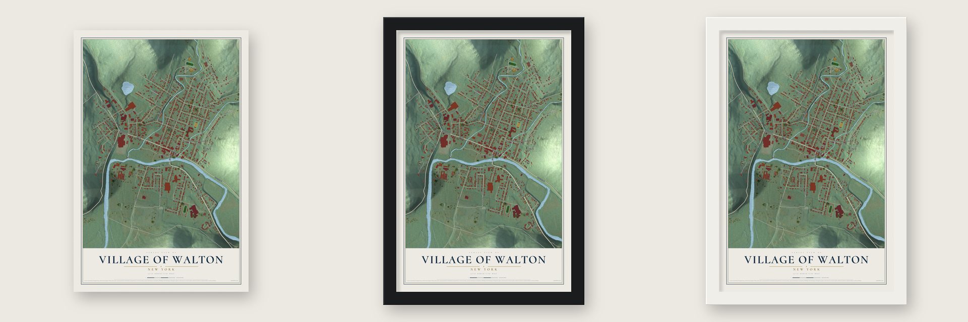 Village of Walton, New York map unframed, in a black wood frame and in a white wood frame