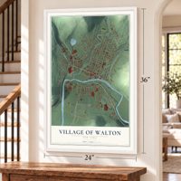 Village of Walton, New York map, 24 x 36 inch print in a white frame by a staircase