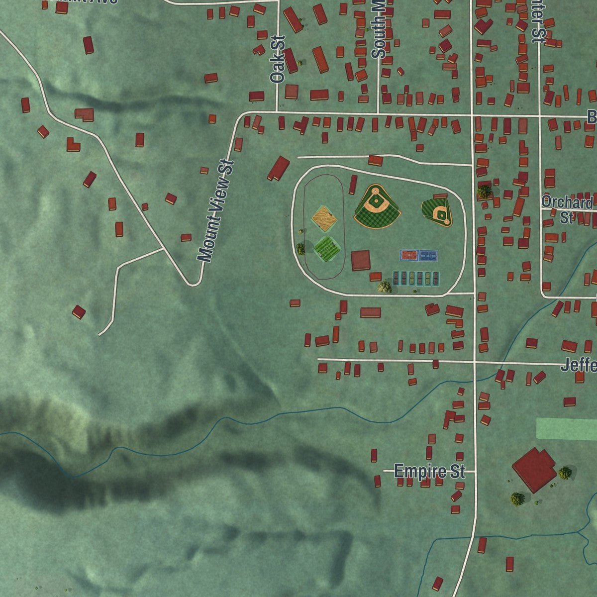 Second close-up of the map of the Village of Warsaw, New York print showing more streets and buildings