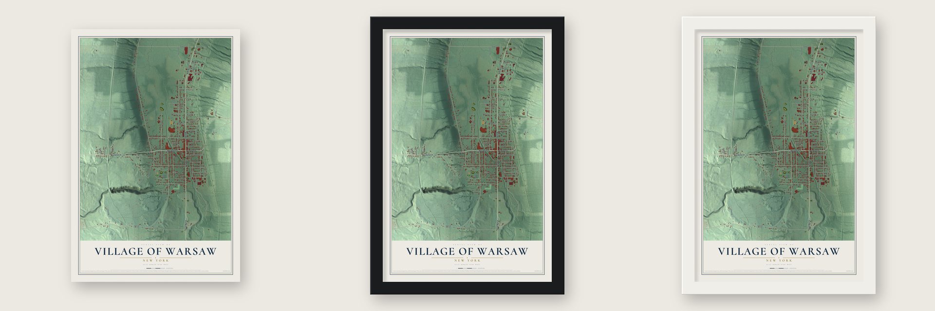 Village of Warsaw, New York map unframed, in a black wood frame and in a white wood frame