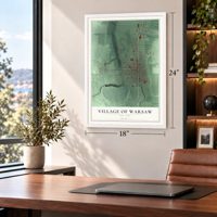 Village of Warsaw, New York map, 18 x 24 inch print in a white frame in a home office