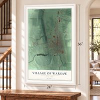 Village of Warsaw, New York map, 24 x 36 inch print in a white frame by a staircase