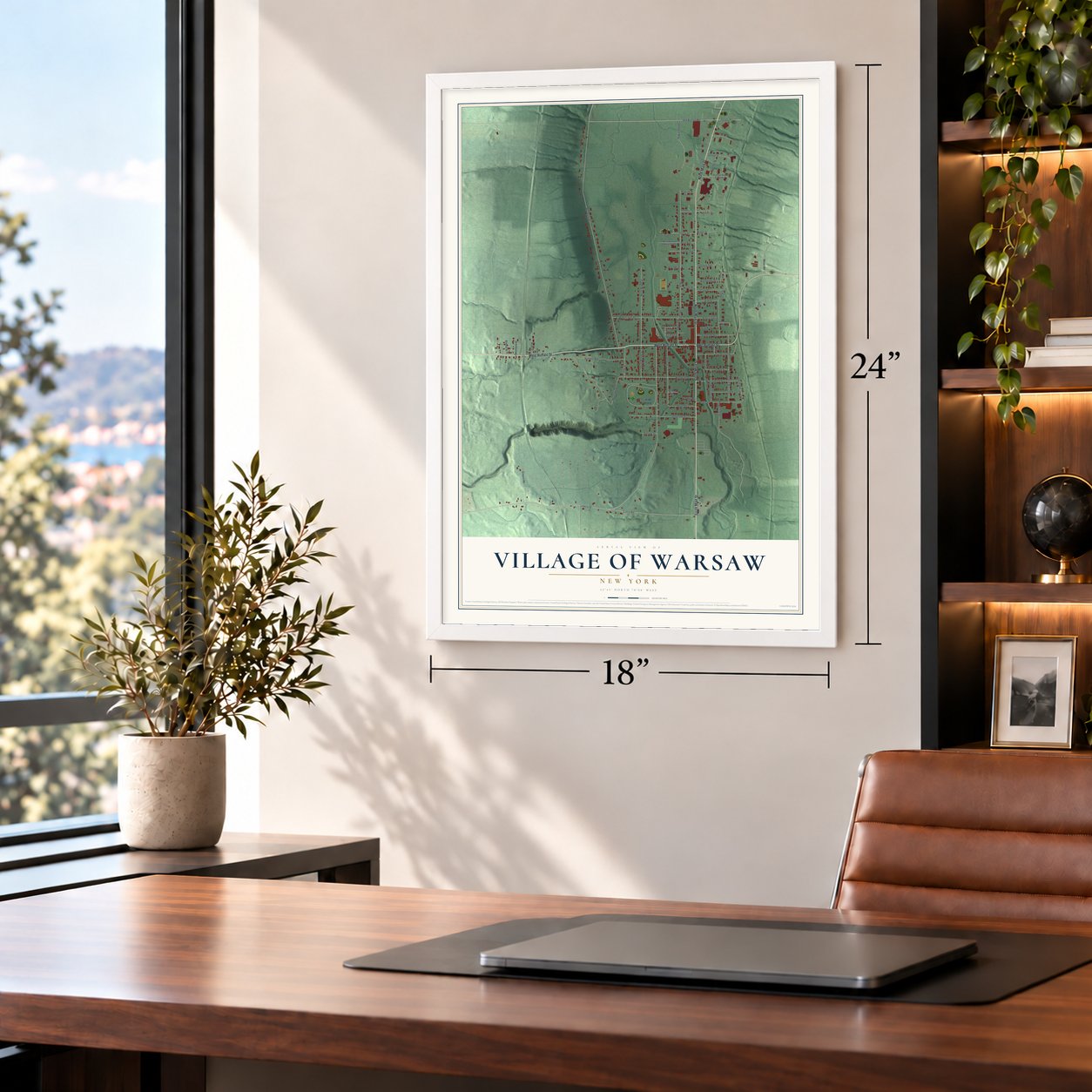 Village of Warsaw, New York map, 18 x 24 inch print in a white frame in a home office
