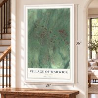 Village of Warwick, New York map, 24 x 36 inch print in a white frame by a staircase