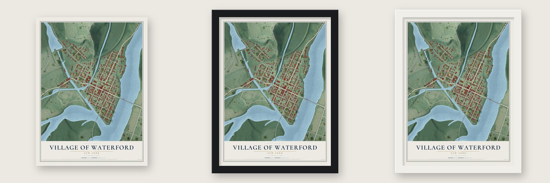 Village of Waterford, New York map unframed, in a black wood frame and in a white wood frame