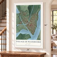 Village of Waterford, New York map, 24 x 36 inch print in a white frame by a staircase
