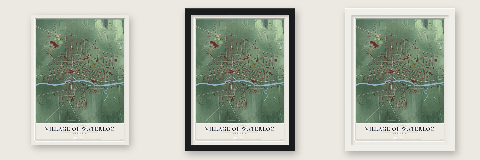 Village of Waterloo, New York map unframed, in a black wood frame and in a white wood frame