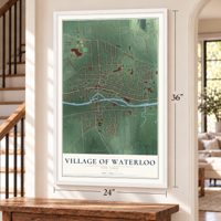 Village of Waterloo, New York map, 24 x 36 inch print in a white frame by a staircase
