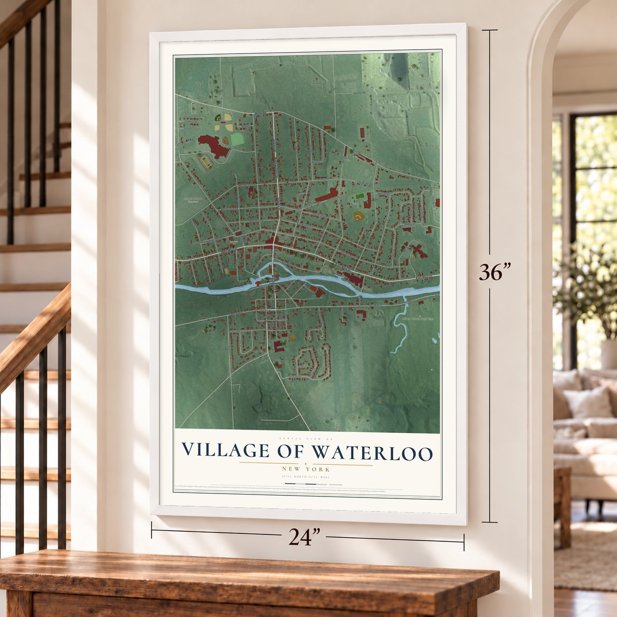 Village of Waterloo, New York map, 24 x 36 inch print in a white frame by a staircase