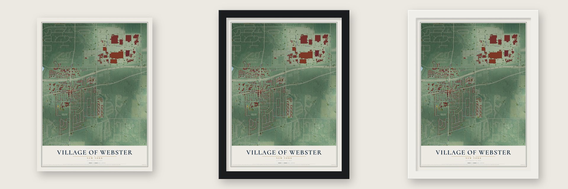 Village of Webster, New York map unframed, in a black wood frame and in a white wood frame