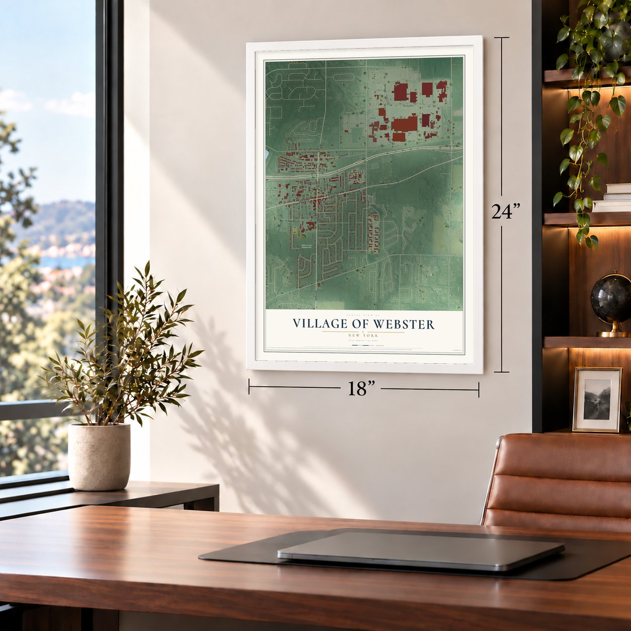 Village of Webster, New York map, 18 x 24 inch print in a white frame in a home office